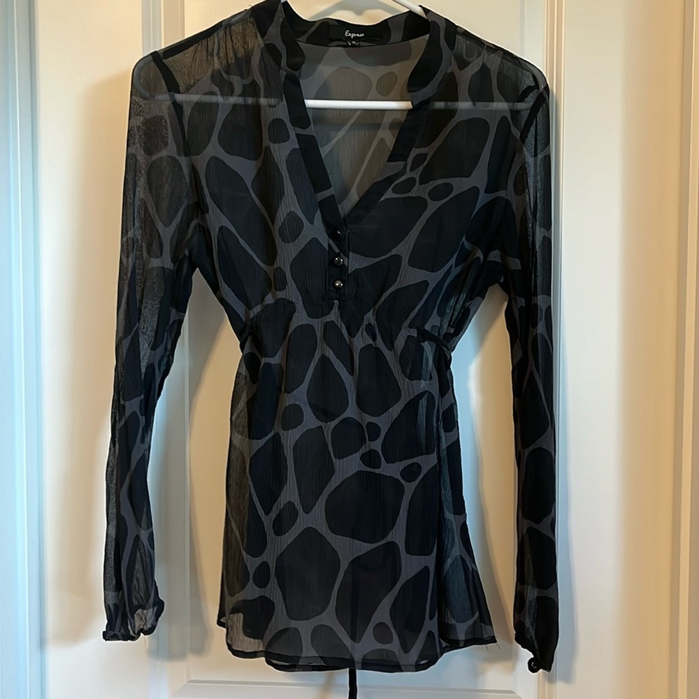 Express black and gray sheer top with tie in back